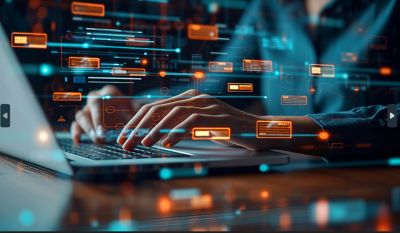 graphic overlay of icons on laptop display, Asset Management | DXC Technology